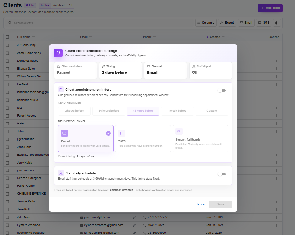 Client communication settings